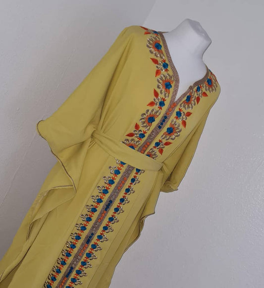 Yellow butterfly crepe kaftan side view